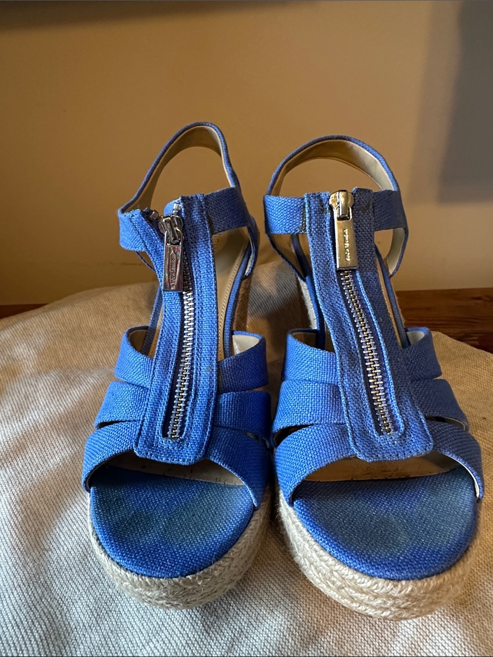 Michael Kors Blue Espadrille Wedge Sandals with Front Zip